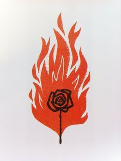 a drawing of a rose on fire with white background