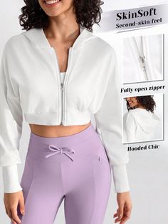 Women's Zip Front Hooded Sports Jacket White   Long Sleeve Fabric Plain  Medium Stretch  Women Activewear, size features are:Bust: ,Length: ,Sleeve Length: Sports Jackets Women, Sports Jackets, Women Sports, Sports Jacket, Kids Sleepwear, Outdoor Woman, White Collar, Second Skin, White Long Sleeve