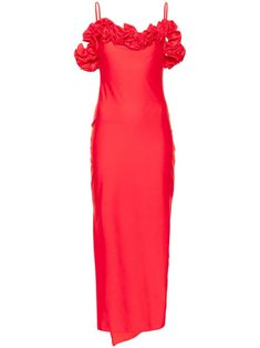 red stretch-jersey ruffled detailing off-shoulder spaghetti straps side slits unlined straight hem long length