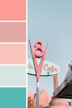 the color scheme is pink, blue and green with an old neon sign in the background