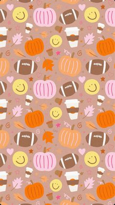 a pink background with lots of different types of items on it, including pumpkins and other