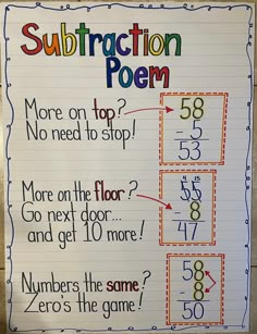 a sign that says subtraction poem with numbers on the top and bottom,