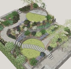 a drawing of a small garden with a bridge and seating area on the other side