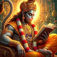 the hindu god sitting on a chair reading a book