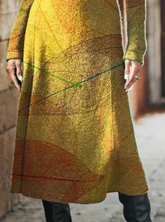 Casual Leaf Print Crew Neck Long Sleeves Maxi Dress Casual Multicolor Midi Dress For Winter, Multicolor A-line Midi Dress For Fall, Yellow Midi Dress For Fall, Latest Fashion Dresses, Dress Stores Online, Maxi Dress Online, Fashion Dresses Casual, Long Sleeve Maxi, Leaf Print