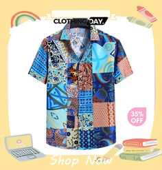 Men Fashion Leisure Holiday Lapel Short Sleeve Floral Plus Size Shirt Blue Collared Shirt With Patchwork, Casual Colorful Beach Shirt, Casual Collared Shirt With Colorful Pattern, Summer Patchwork Collar Top, Multicolor Patchwork Shirt For Vacation, Cotton Patchwork Shirt For Vacation, Vacation Cotton Patchwork Shirt, Spring Vacation Patchwork Shirt, Blue Shirt With Colorful Pattern For Summer