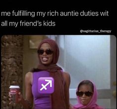 two women in purple dresses and sunglasses with text that reads, me fulfilling my rich autie duties wit all my friend's kids