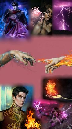 several different pictures of the same person holding something in their hand with fire and lightning behind them