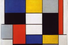 an abstract painting with different colors and shapes on white, black, yellow, red, blue