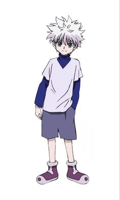 an anime character with white hair and blue shorts standing in front of a white background