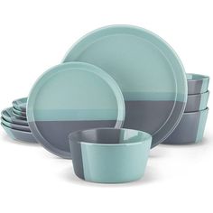 a set of blue and grey dishes with cups on the bottom one has a gray stripe