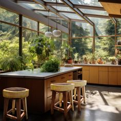 an open kitchen with lots of windows and plants on the counter top, along with stools