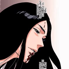 a woman with long black hair and blood on her face