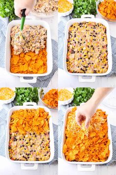 six images showing how to make an enchilada casserole dish with cheese and black beans