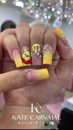 Tweety Bird Nails, Winnie The Pooh Nail Designs, Nails Disney Designs, The Grinch Nails, Winnie The Pooh Nail Art, Winnie The Pooh Nails, Pooh Nails, Daisy Acrylic Nails, Iris Photography