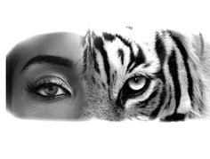 a black and white photo of a woman's face with a tiger on it