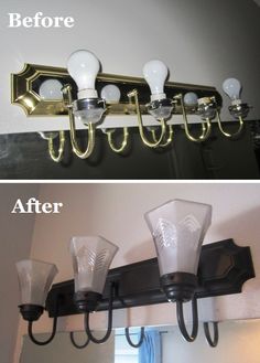 before and after shots of a bathroom light fixture