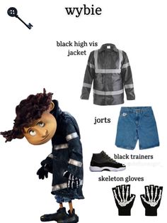 a poster with different types of clothing and shoes on it's sides, including the words wybie