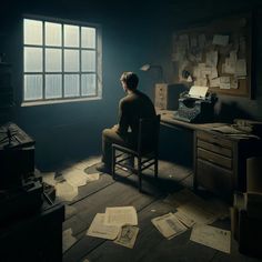 a man sitting at a desk in an old fashioned room with papers scattered all over the floor