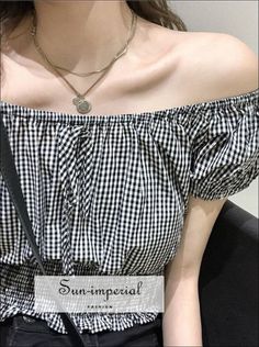 Women Solid White Short Sleeve off the Shoulder Shirred Blouse with Bow detail top boho style Summer Casual Tops With Grid Pattern, Casual Summer Tops With Grid Pattern, Casual Grid Pattern Tops For Summer, Casual Houndstooth Summer Top, Casual Houndstooth Top For Summer, Summer Casual Houndstooth Top, Summer Cotton Houndstooth Pattern Tops, Imperial Fashion, Blouse With Bow