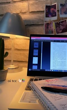 an open laptop computer sitting on top of a desk next to a cactus and potted plant