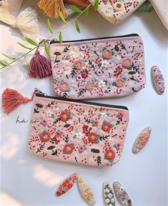 Pink Floral Embroidered Clutch Bag, Embroidered Pink Pouch Clutch, Pink Embroidered Pouch Clutch, Embroidered Pink Pouch For Gift, Embroidered Pink Pouch For Gifts, Pink Embroidered Pouch For Gift, Embroidered Pink Pouch As Gift, Hand Embroidered Flower, Handmade Makeup Bag