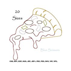 a drawing of a slice of pizza with the words blue scissors written in red and yellow