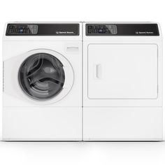 a white washer and dryer sitting next to each other on a white surface