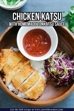 chicken katsu with homemade tomato sauce served on rice and coleslaw in a wooden bowl