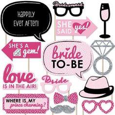 pink and silver photo booth props with speech bubbles, hats, glasses, mustaches