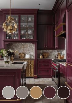 an image of a kitchen with purple cabinets and white counter tops in shades of burgundy