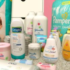 baby products are displayed on a counter top