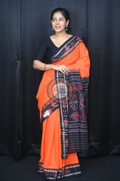 Weaver communities of Maniabandha and Nuapatana of Odisha traditionally weave this kind of saree. Common motifs are star, temple, conch, rudraksh, fish, chakra, lotus etc. The inspiration of all its designs comes from nature. It is the best of single ikat; one of warp and weft is tied and dyed prior to weaving. The borders and the pallas have tremendous variety and each one of them is attractive and praiseworthy. Specification:  Occasion: Festive Wear Fabric: Khandua Cotton Primary Color: Orange Traditional Pre-draped Saree With Woven Motifs For Diwali, Orange Traditional Wear With Patterns For Navratri, Traditional Handloom Saree For Transitional Season, Orange Traditional Wear With Traditional Patterns For Navratri, Orange Handloom Pre-draped Saree For Diwali, Orange Traditional Wear With Traditional Patterns, Diwali Orange Handloom Pre-draped Saree, Orange Cotton Traditional Wear, Handloom Cotton Saree In Orange