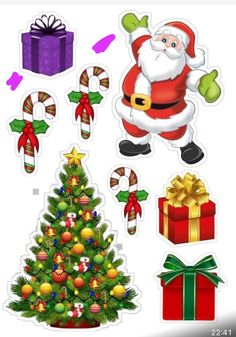 christmas stickers with santa claus and gifts