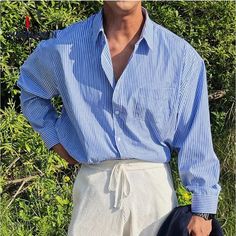 Wiaofellas - Men's Blue Vertical Striped Long-Sleeved Shirt, Korean Style High Quality Casual Shirt Coat， Travel ，Hiking Seasons Craft, Shirt Korean Style, Oversized Striped Shirt, Fashion Japanese, Shirt Korean, Fit Fashion, Blazer Shirt, Clothing Material, Vertical Stripes