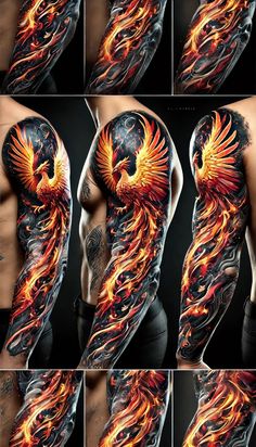 many different images of fire and flames on a man's chest, arm and shoulder