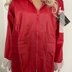 Details Listed Above : Size M Color : Red Red Hooded Raincoat For Winter, Red Hooded Raincoat For Outdoor, Red Winter Raincoat, Red Long Sleeve Raincoat For Winter, Red Hooded Raincoat For Fall, Red Winter Outerwear For Rainy Weather, Red Hooded Outerwear For Spring, Red Raincoat, Pvc Raincoat