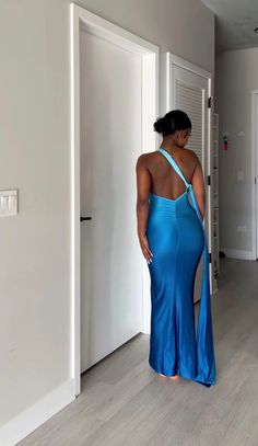 Get ready to turn heads with the Helena Dress! This stunning maxi dress features a playful and unique gradient design, along with a flattering one shoulder and open back. Plus, the o ring detailing and scrunch back add an extra touch of style to the fitted silhouette. A must-have for any fun and fashionable wardrobe! Model in S polyester Blue Ruched Backless Maxi Dress, Fitted One-shoulder Dress With Tie Back, One-shoulder Tie Back Dress, Maxi Length One Shoulder Dress For Prom, Blue Backless Dress With Ruched Back, One-shoulder Evening Dress With Ruched Back, One-shoulder Dress With Ruched Back For Evening, Blue Maxi Dress With Ruched Back For Party, Blue Ruched Maxi Dress For Prom