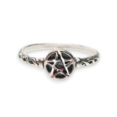 Cast in solid .925 sterling silver, this Pentacle Ring has woven raised design around the Pentacle focal-point. The small Pentacle center has been Diamond-cut which adds a sparkle-effect. Made in the U.S.A. -  Size 7. Pentacle Ring Metal : Solid Sterling Silver / Hallmarked Front Ring Height : 7mm (just over 1/4") - Diamond-cut Size : U.S. 7 Sold by : Ring Pictures are examples that show Front, Left and Right Sides. { LOOKING FOR OTHER STYLES? } ---> Fan of PENTACLE Jewelry? -- Please click here for more styles : https://www.etsy.com/shop/SilverEnchantments/search?search_query=pentacle Back to our shop: https://www.etsy.com/shop/silverenchantments oooooooo By purchasing this item you acknowledge that you have read and agree to our shop policies http://www.etsy.com/shop/SilverEnchantments/p Pentacle Ring, Pentacle Jewelry, Wiccan Jewelry, Ring Pictures, Ring Metal, Shop Policies, Left And Right, Diamond Cut, Metal Rings