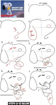 step by step instructions to draw snoopy and woorstock from the peanuts movie