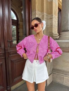 Camisa a cuadros de manga larga con nudo delantero para mujer, de moda elegante Rosa Fucsia Casual  Manga hasta la Muñeca Tela tricotada Liso Top No-Elástico Todo Women Clothing, size features are:Bust: ,Length: ,Sleeve Length: Preppy Mode, Long Sleeve Plaid Shirt, Summer Fashion Trends, Looks Chic, Inspired Outfits, Style Chic, Stylish Fashion