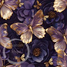 purple flowers with gold butterflies on them