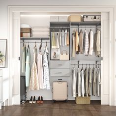 an open closet with clothes, shoes and bags hanging on the wall next to it