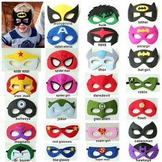 various masks with different colors and designs for children's halloween costumes, including the batman mask