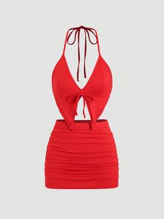 Rosso Sexy Collar   Colore unico  Embellished Abbastanza Elasticizzato Red Outfit Ideas, Brazilian Dress, Shein Icon, Evening Dresses Short, Spaghetti Strap Top, Looks Chic, Strap Top, Strap Tops, Casual Style Outfits