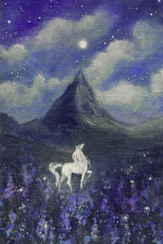 an acrylic painting of a white horse in the middle of a field with purple flowers