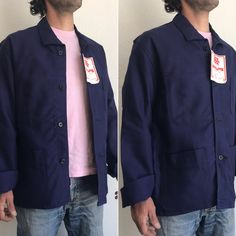 "French vintage work jacket SAPIVOG Made in France 1970s French worker jacket in dark indigo blue. Classic cut 3 outside pockets, 1 inside Button with 4 buttons. All buttons are in Bakelite. Shirt Collar . Button cuffs. Deadstock item In new condition (never washed) Original cardboard label present Sanfor Fabric 100% Cotton Size 50 Model wears usually size M and measures 175cm /68,8\". Please take into account that this jacket is slightly too big for him . Measures (flat): Shoulders: 50cm - 19,6 Navy Vintage Outerwear With Pockets, Pre-washed Blue Outerwear For Work, Vintage Indigo Outerwear For Work, Vintage Blue Outerwear With Welt Pockets, Pre-washed Long Sleeve Outerwear For Work, Vintage Navy Cotton Outerwear, Vintage Navy Outerwear For Work, Navy Vintage Outerwear For Work, Pucci Vintage