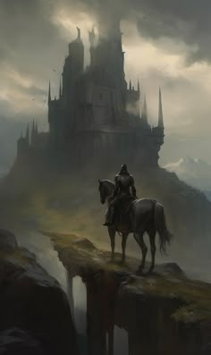 a man riding on the back of a horse next to a castle