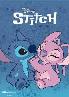 the stitch movie poster with stitch and stitch hugging each other in front of a blue background