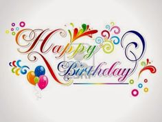 an animated happy birthday card with balloons and swirls on the front, in multicolored text